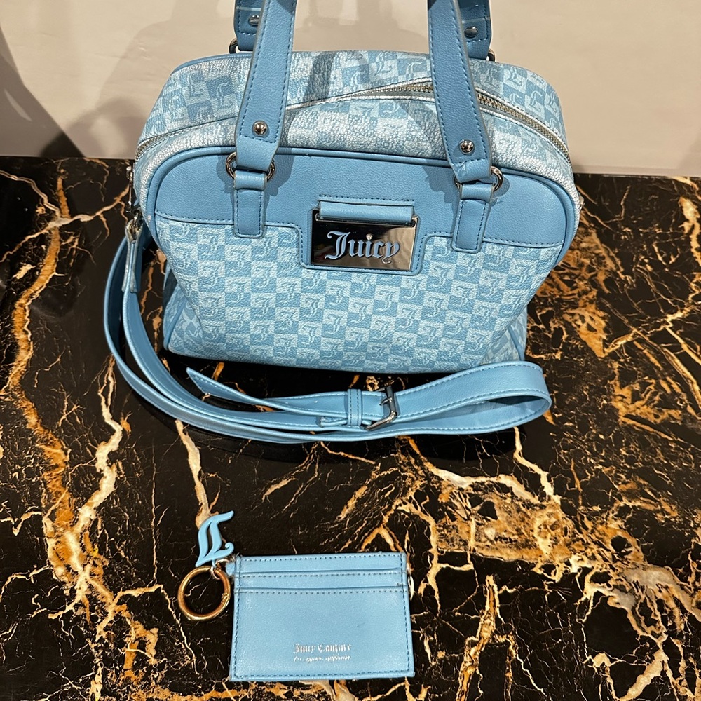 Juicy Couture Blue Monogram Satchel Bag w/ Crossbody Strap & Card Holder Y2K Sty